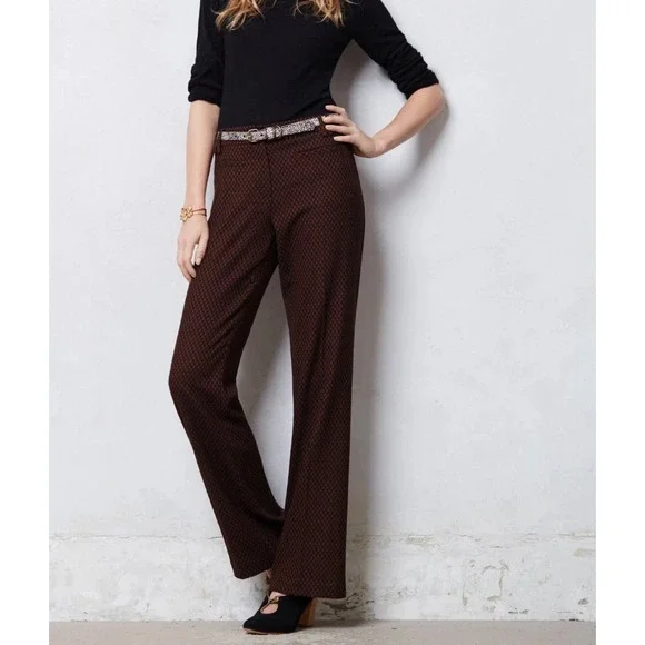Anthropologie Leifsdottir Brown Geometric Diamond Print Flare Leg Pants Size 6 - Picture 1 of 11